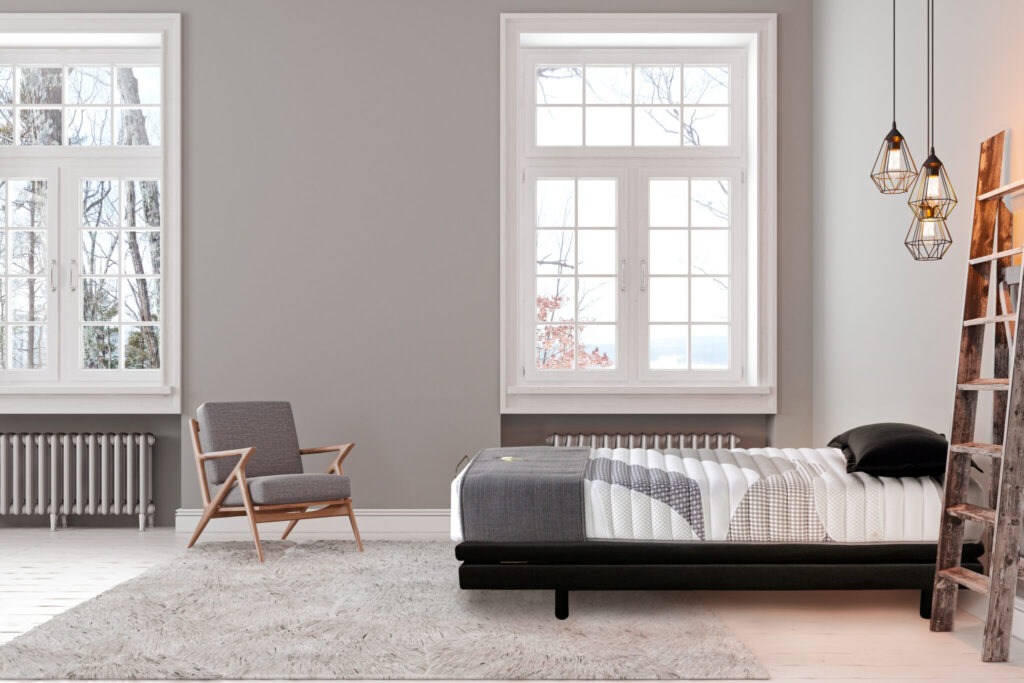 Scandinavin Loft Gray Empty Bedroom Interior With Armchair, Bed And Lamp. 3d Render Illustration Mock Up.
